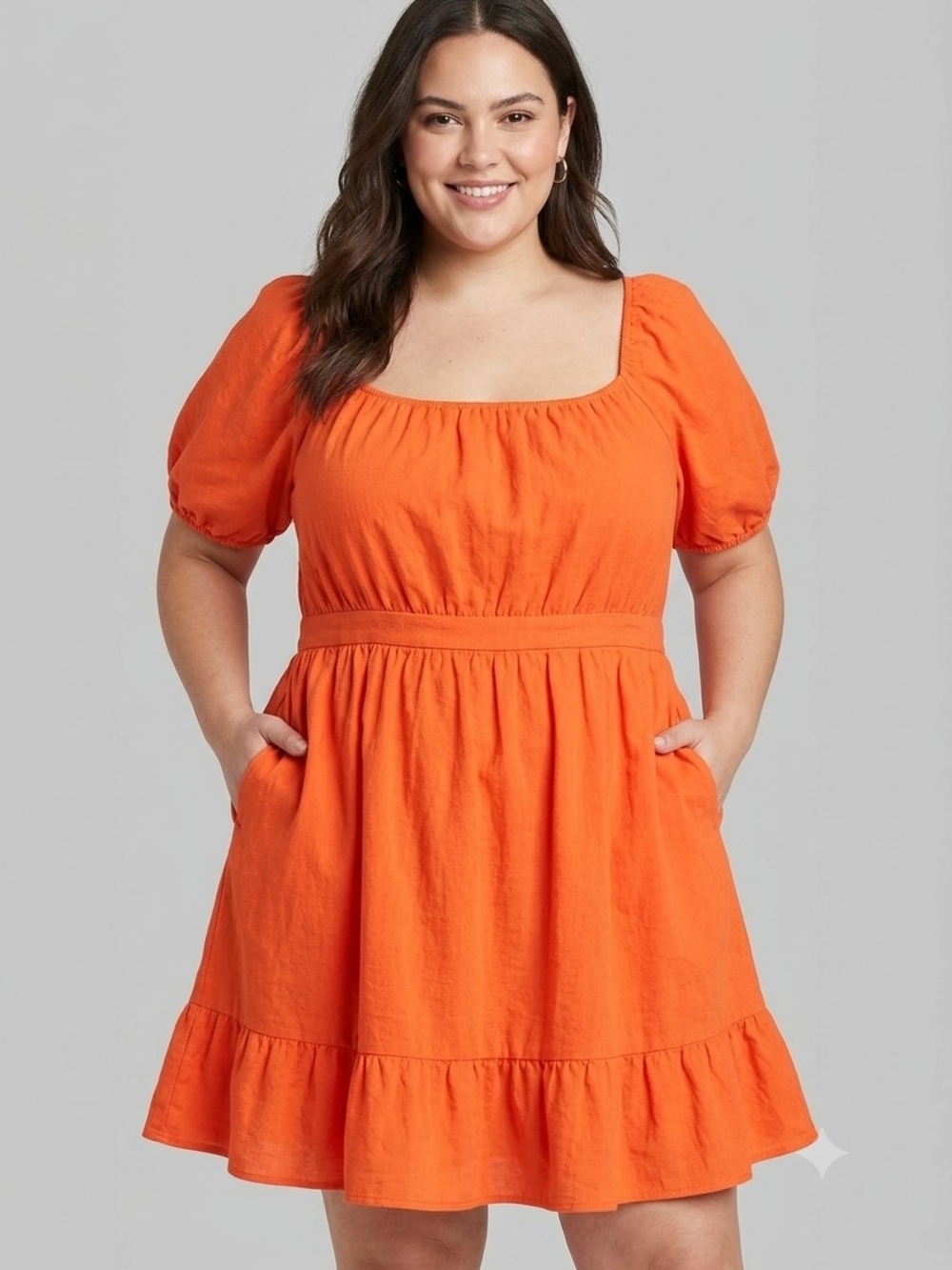Hesperus Orange Puff Sleeve Tie-Back Cutout Ruffle Mini Dress 1X